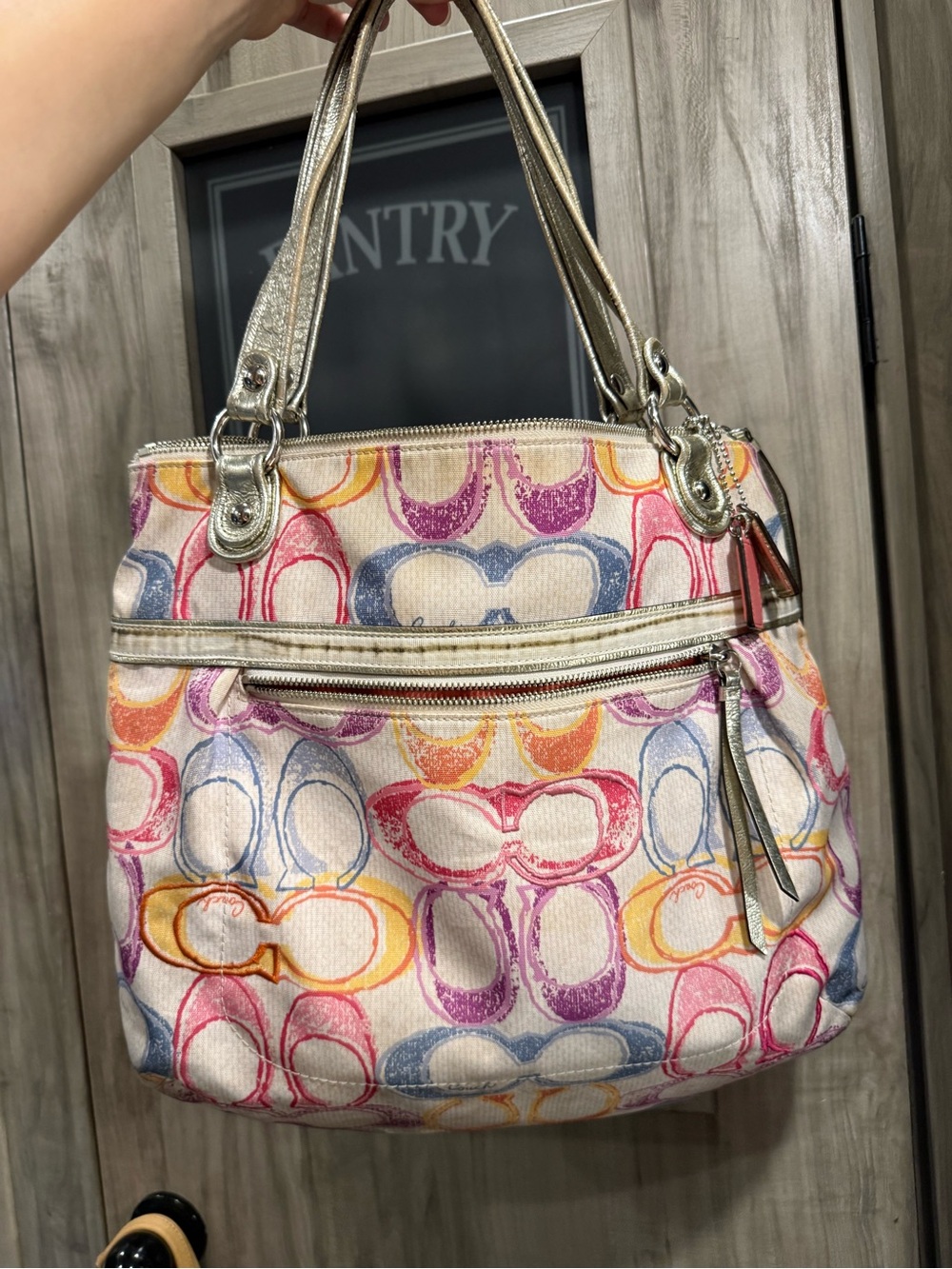 Vintage Coach Multicolor Signature Canvas Shoulder Bag with Metallic Trim